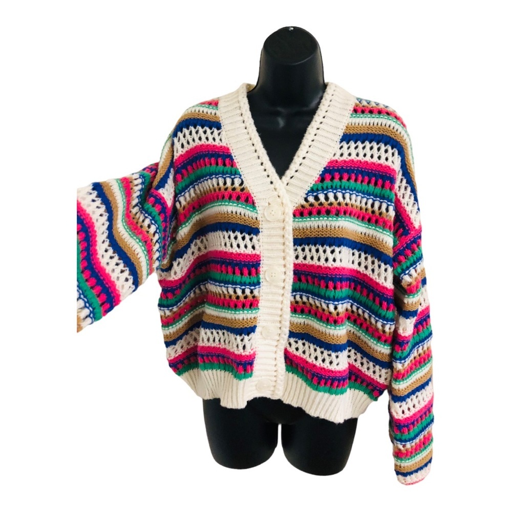 Vigoss Cream multistriped crochet knit grandpa cardigan sweater size‎ large new